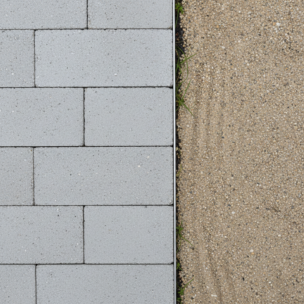 A precise detail shot of a garden pathway transition where a linear run of light-colored concrete pavers meets a segment of compacted fine gravel, separated by a slim, brushed stainless steel edging strip set perfectly flush. The gravel surface shows subtle raking patterns, while the concrete reveals faint, intentional texture for slip resistance. Tiny, newly planted groundcover peeks from a narrow planting joint beside the path. Captured in soft, overcast daylight at a near-top-down angle, the photographic realism emphasizes workmanship, alignment, and material junctions. The atmosphere is clean, technical, and meticulous, ideal for illustrating high-quality exterior masonry and pathway execution.