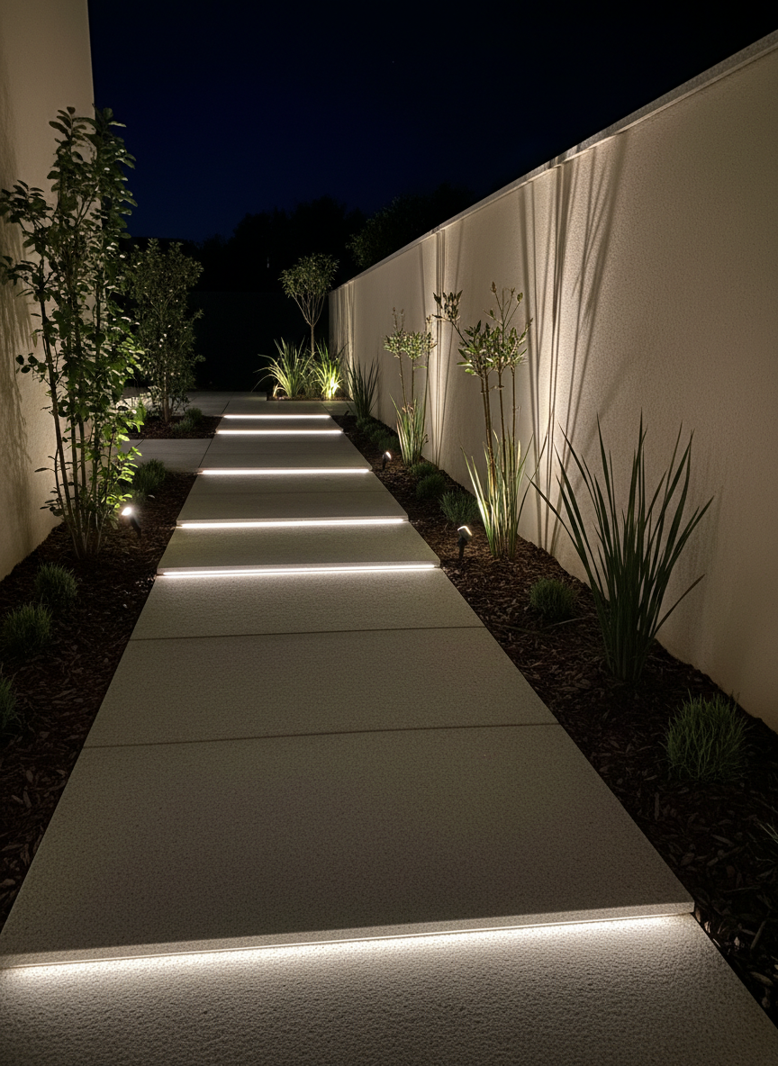 A dramatic night-time garden scene focusing on exterior lighting design: a minimalist stone pathway in large rectangular slabs leads through a small, structured garden, each step softly illuminated by recessed LED strip lights integrated along the edges. Upright plants and small multi-stem shrubs emerge from dark mulch beds, picked out by warm, narrow-beam spotlights that create elegant shadows on an adjacent smooth plaster garden wall. The background fades into darkness, emphasizing the lit composition. Captured from a slightly elevated, three-quarter view with sharp focus, the photographic image feels sophisticated, secure, and intimate, showcasing professional outdoor lighting as a key element of exterior layout and ambiance.
