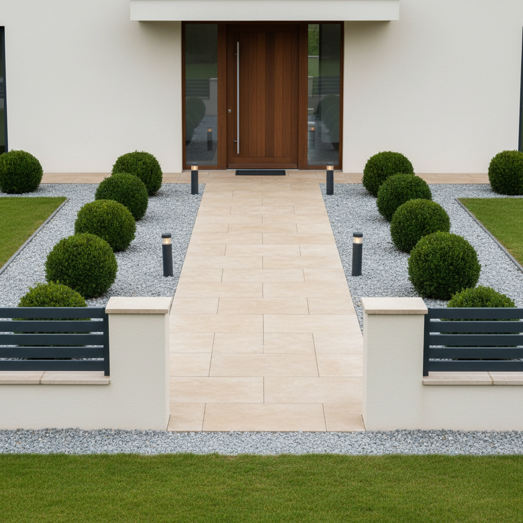 A freshly landscaped front yard showcasing a harmonious composition of a straight, paved entrance path in warm beige stone leading to a modern doorway, flanked by compact gravel beds and neatly clipped boxwood spheres. A low, rendered masonry wall in light sand color defines the property line, topped with a sleek anthracite aluminum fence. LED bollard lights discreetly punctuate the path. The scene is photographed in diffused overcast daylight, creating even, shadow-free illumination that highlights textures and colors. Framed using the rule of thirds from a slightly elevated angle, the image feels professional, orderly, and inviting, embodying high-quality exterior layout and curb appeal.