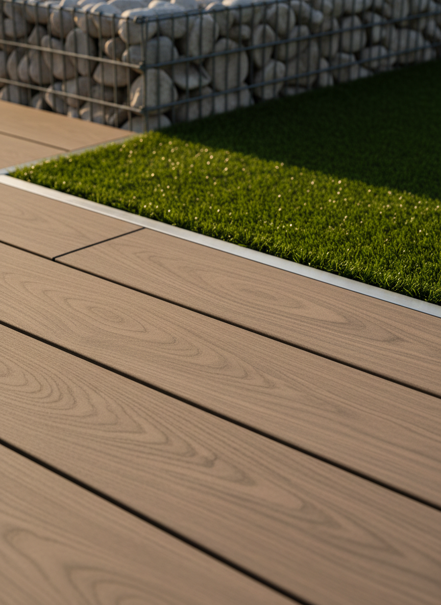 A close-up, photographic realism view of a composite wood deck in a soft oak tone, boards aligned perfectly parallel with invisible fasteners, their subtle grain clearly visible. The terrace meets a strip of lush, dense rolled turf with deep green blades, perfectly trimmed and aligned to a clean metal edging. In the background, blurred but recognizable, a low gabion wall filled with light grey stones adds structure. Shot at a low angle with shallow depth of field in warm golden hour light, the sun grazing across the surfaces to reveal texture and cast delicate shadows. The mood is refined and serene, highlighting the quality of materials and precision of outdoor construction.