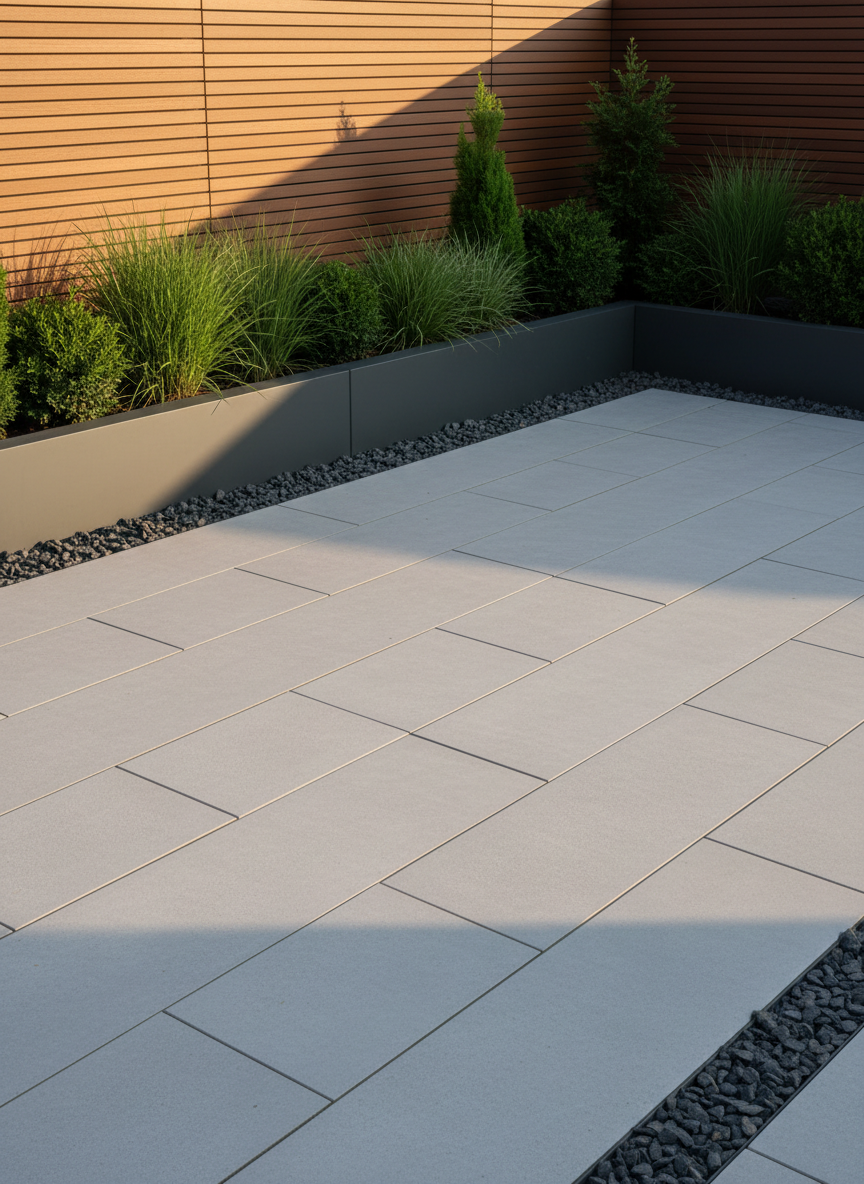 A meticulously designed contemporary garden terrace with large-format light grey porcelain pavers laid in clean, precise lines, bordered by a slim band of dark basalt gravel. Low, rectangular planters in smooth anthracite concrete host neatly structured grasses and evergreen shrubs, their textures contrasting with the sleek ground surface. In the background, a wooden privacy screen in warm-toned composite slats provides structure. Captured at eye level in soft late-afternoon natural light, with gentle shadows emphasizing the geometry of the layout. The mood is calm, orderly, and welcoming, with photographic realism and a clean, modern aesthetic ideal for showcasing professional exterior design expertise.