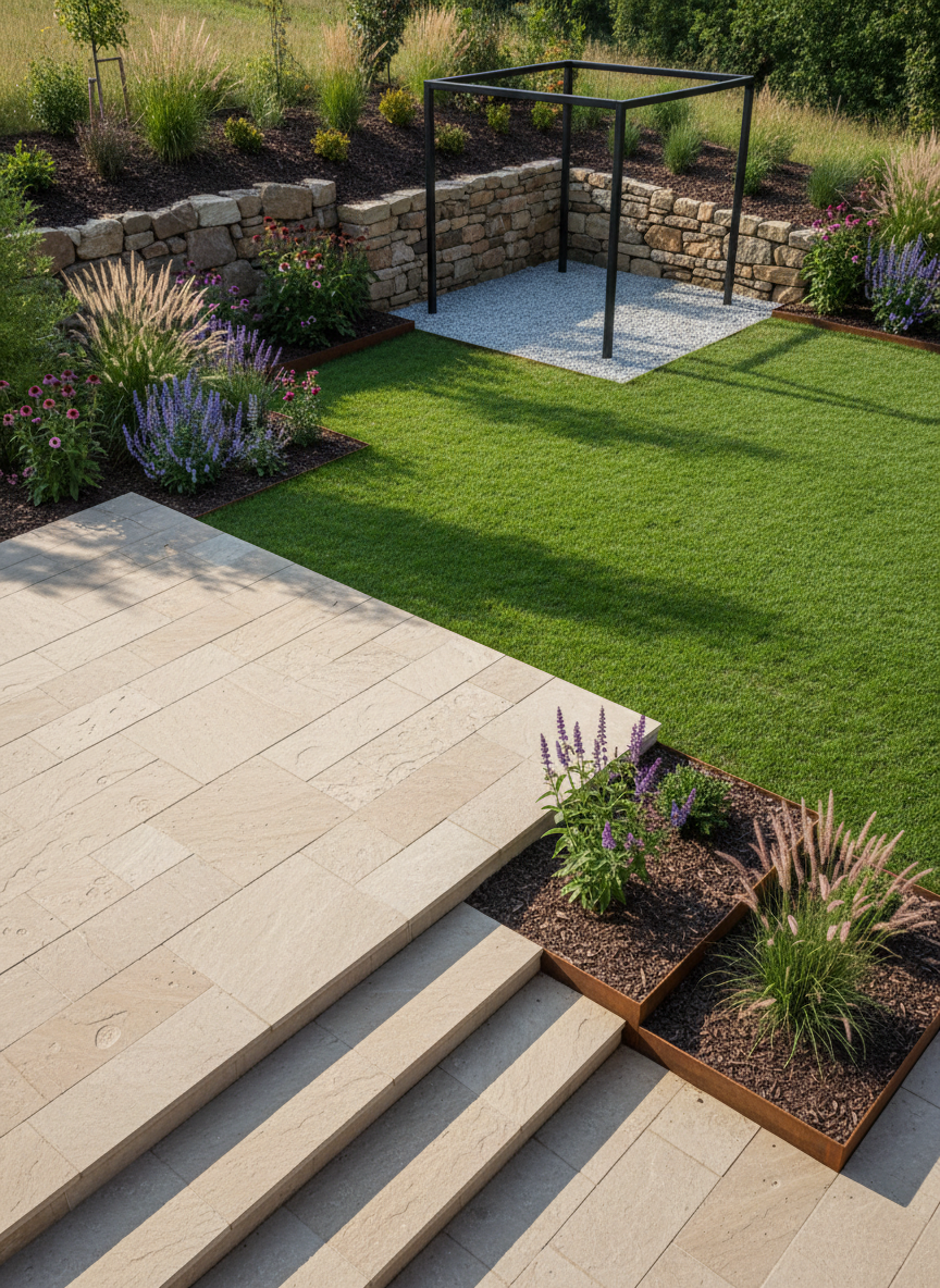 A well-organized backyard layout featuring several distinct zones: a raised stone terrace in beige sandstone with wide steps, a rectilinear lawn area framed by corten steel edging, and a gravel relaxation corner with a simple, empty pergola structure in black powder-coated metal. A low retaining wall in dry-stacked natural stone subtly manages the slope. Ornamental grasses and perennials are grouped in clear, geometric beds with dark bark mulch. Photographed in bright but slightly diffused late-morning light, colors appear natural and balanced, with soft shadows giving depth. Composed from a high, slightly diagonal perspective to reveal the overall plan, the image conveys professionalism, clarity of design, and functional outdoor living.