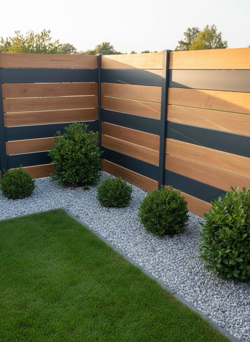 Photographic realism: a contemporary garden boundary featuring clean-lined horizontal wooden or metal panels in warm natural or anthracite tones, mounted on sleek posts, enclosing a small, well-maintained yard. In front, a simple composition of gravel, low evergreen shrubs, and a narrow strip of lawn emphasizes the fence. Captured in soft, late-afternoon natural light from a slightly elevated three-quarter view, with calm, balanced colors and clear details to match existing professional exterior design images.