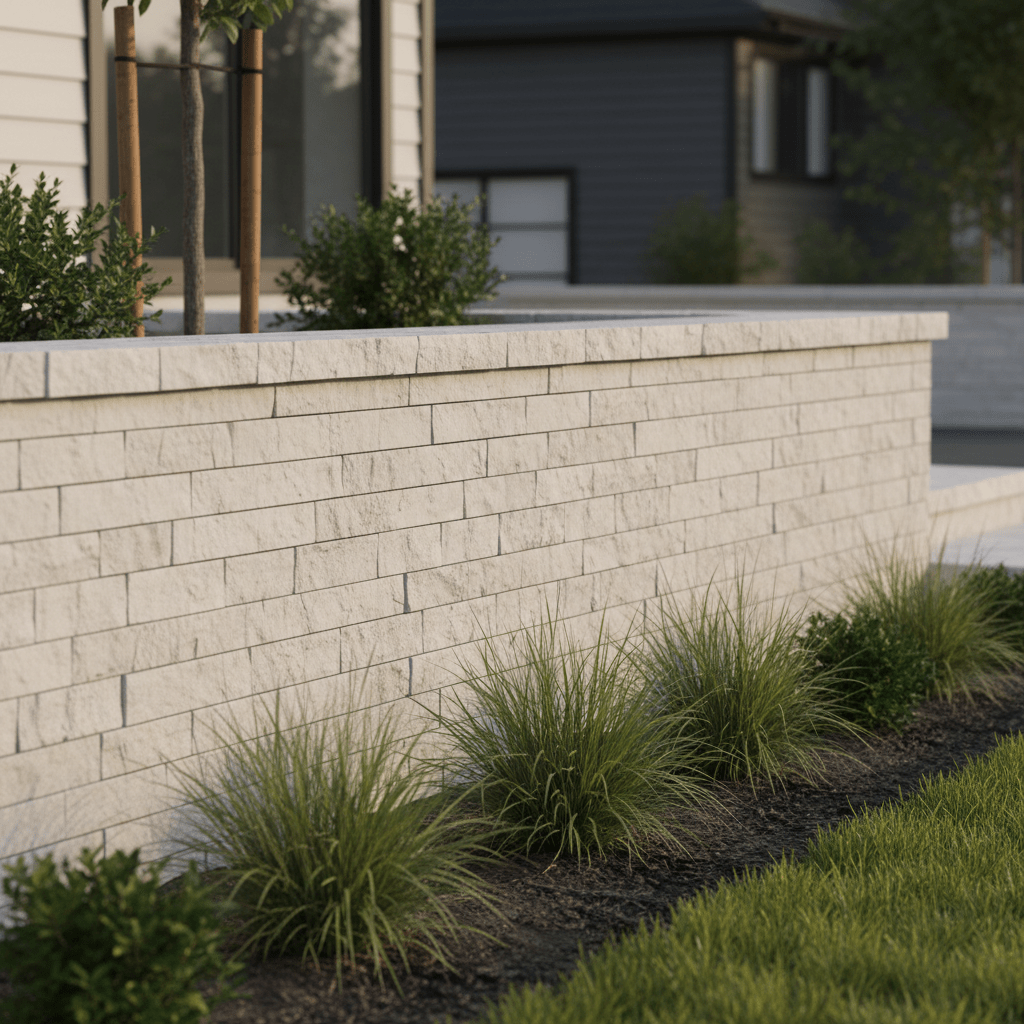 Photographie réaliste d’un muret bas en parement pierre naturelle clair, parfaitement maçonné le long d’un jardin contemporain. Les pierres ont des formats rectangulaires irréguliers, avec des joints fins et soignés. Au premier plan, un massif simple avec quelques graminées et arbustes, lumière douce de fin d’après-midi, ambiance professionnelle, propre et nette.