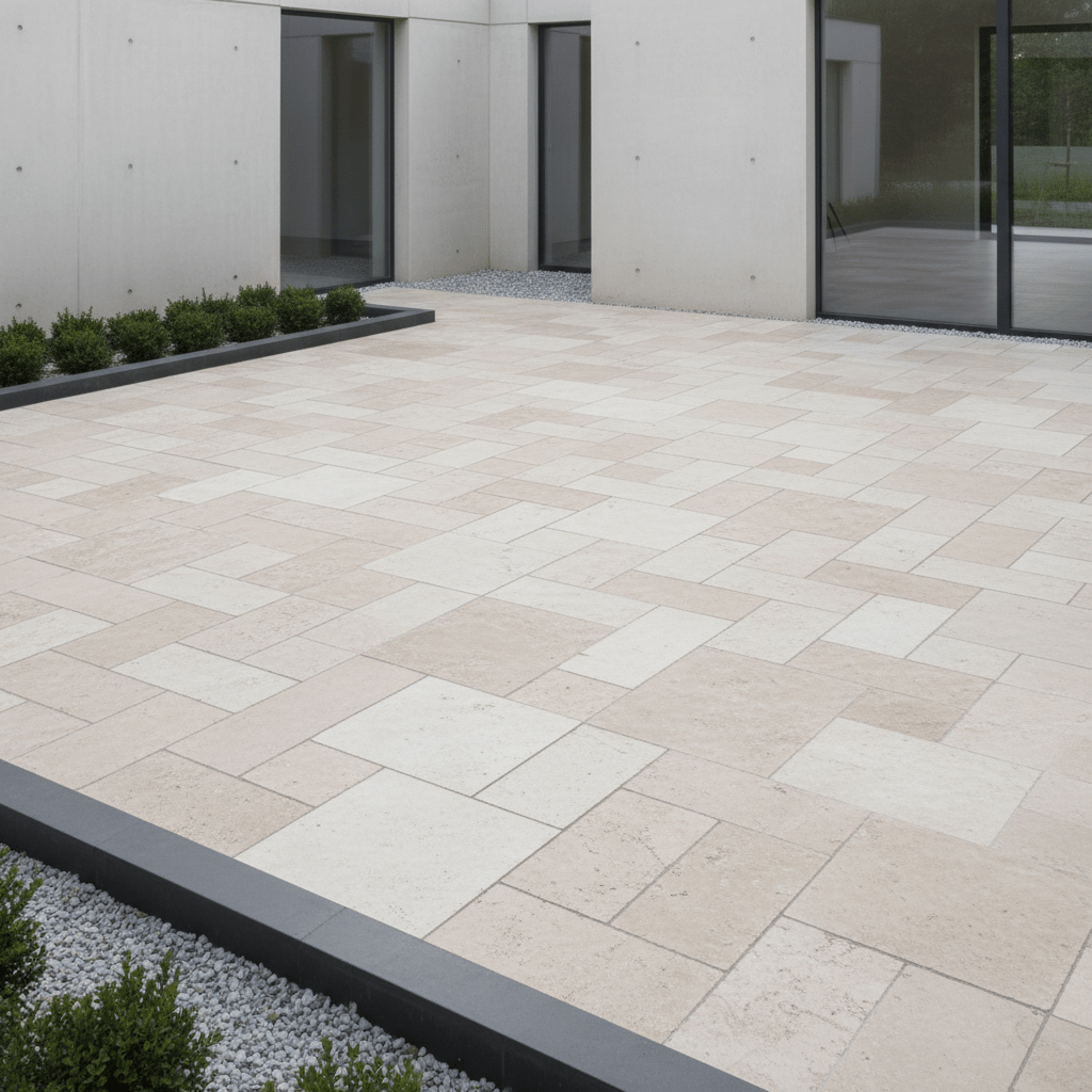 Photographie ru00e9aliste du2019une cour pavu00e9e en travertin opus 4 formats : dalles en pierre naturelle beige nuancu00e9e, posu00e9es en motif opus romain, jointoiement soignu00e9. La cour est bordu00e9e du2019un massif ou du2019une bordure sobre, ambiance maison contemporaine, lumiu00e8re douce, rendu propre, net, professionnel.