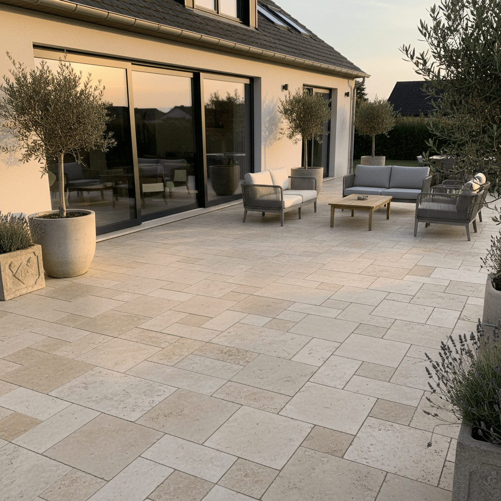 Photographie ru00e9aliste du2019une terrasse en travertin opus 4 formats : grande terrasse attenante u00e0 une maison, dallage en travertin beige clair nuancu00e9, posu00e9 en opus romain, joints ru00e9guliers. Mobilier de jardin discret pour donner lu2019u00e9chelle, lumiu00e8re douce de fin de journu00e9e, rendu professionnel, propre, mettant en valeur la pose et le matu00e9riau.