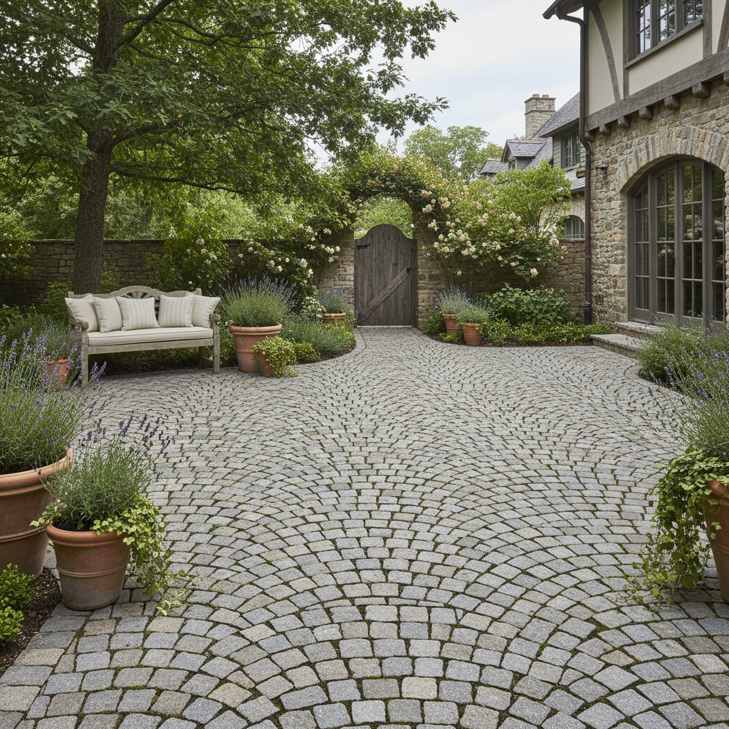 Cour en pavés de pierre proprement posés, vue légèrement en plongée, lumière naturelle douce, style photographie réaliste pour illustrer un aménagement d'allée ou de terrasse en pavés.