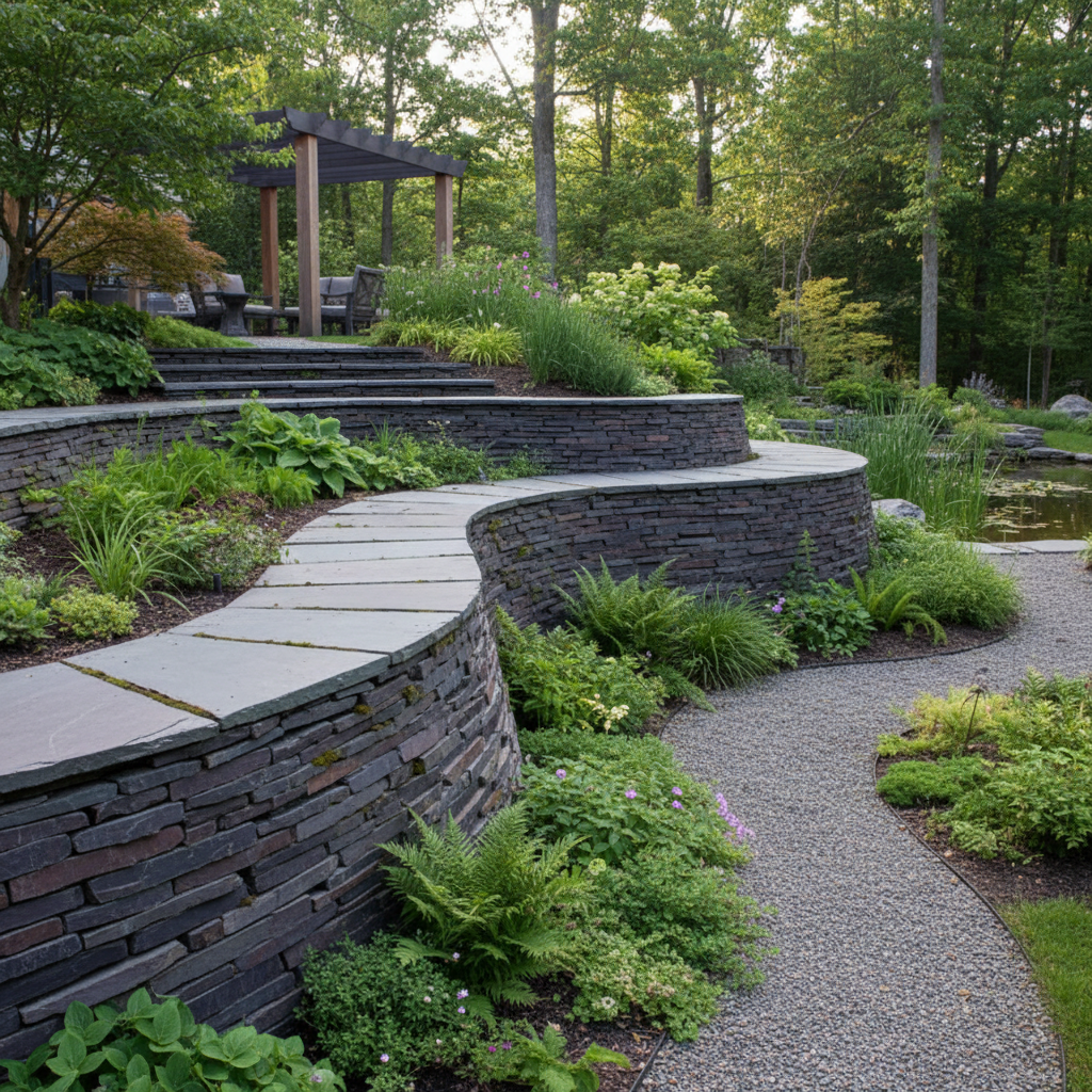Mur ou retenue de terre en ardoise, avec dalles d’ardoise posées horizontalement, intégrées dans un jardin paysager, lumière naturelle, style photographie réaliste.