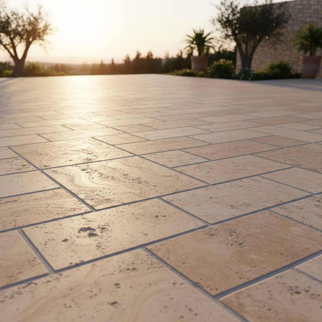 Terrasse en travertin au format opus (4 tailles de dalles), vue oblique montrant le calepinage, joints réguliers, lumière de fin de journée, style photographie réaliste.