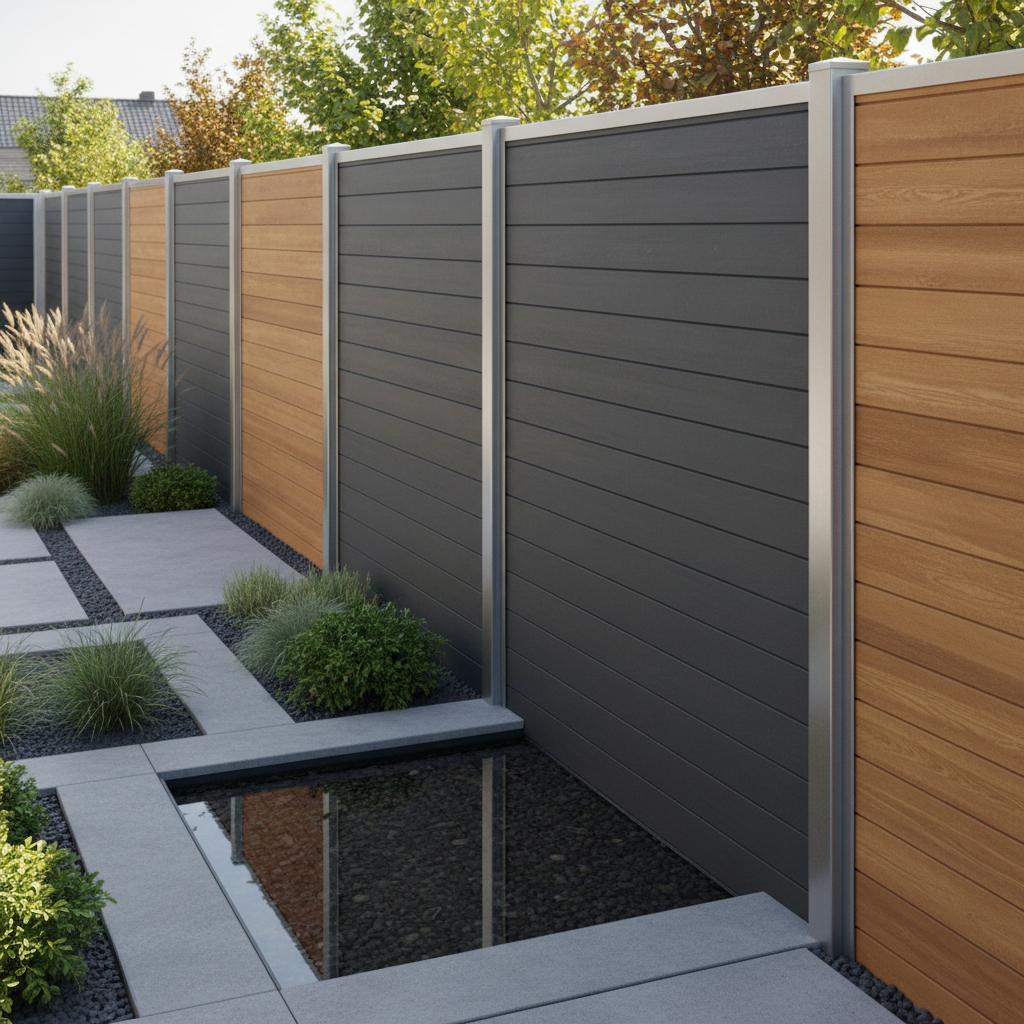 Clôture en lames composites gris anthracite ou bois, alignée le long d’un jardin contemporain, poteaux aluminium, vue latérale à hauteur d’œil, lumière naturelle, style photographie réaliste.