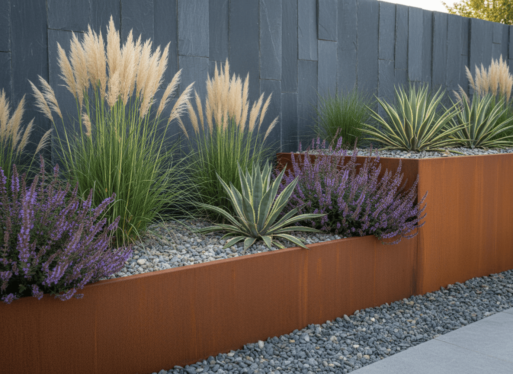 Photo réaliste d un massifs contemporain avec grandes jardinières en acier corten rouillé remplies de graviers et plantes ornementales, palis d ardoise posés à la verticale en fond, ambiance jardin moderne, lumière douce, style photo professionnelle pour paysagiste