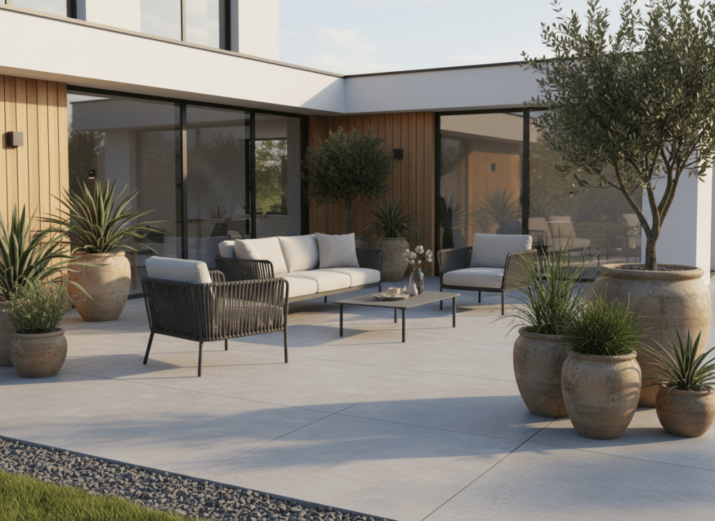Photo réaliste d une terrasse de jardin en dalles de grès cérame grand format, couleur gris clair, posées sur lit de gravier, salon de jardin contemporain, poteries et plantes, maison moderne en arrière-plan, lumière de fin d après-midi