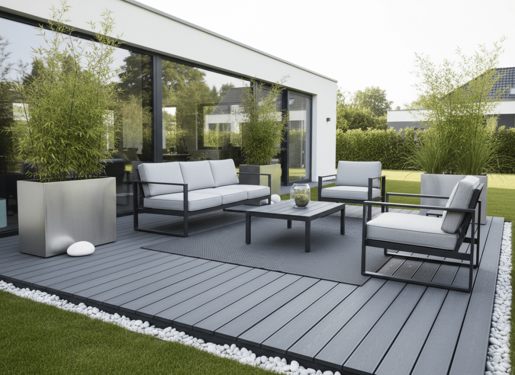 Photo réaliste d’une terrasse en lames composite gris anthracite, bordant une maison contemporaine, avec quelques bacs de plantes et un salon de jardin, ambiance propre et professionnelle.