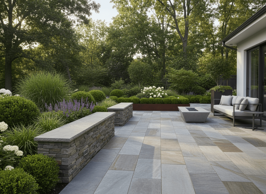 Photo réaliste d’une terrasse en pierre naturelle multiformat (4 formats) attenante à un muret avec parement pierre et couvertines en pierre, ambiance jardin contemporain, propre et professionnelle.